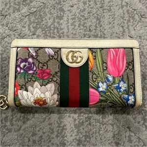 Gucci Ivory Flora Print Zippered Wallet Ophidia